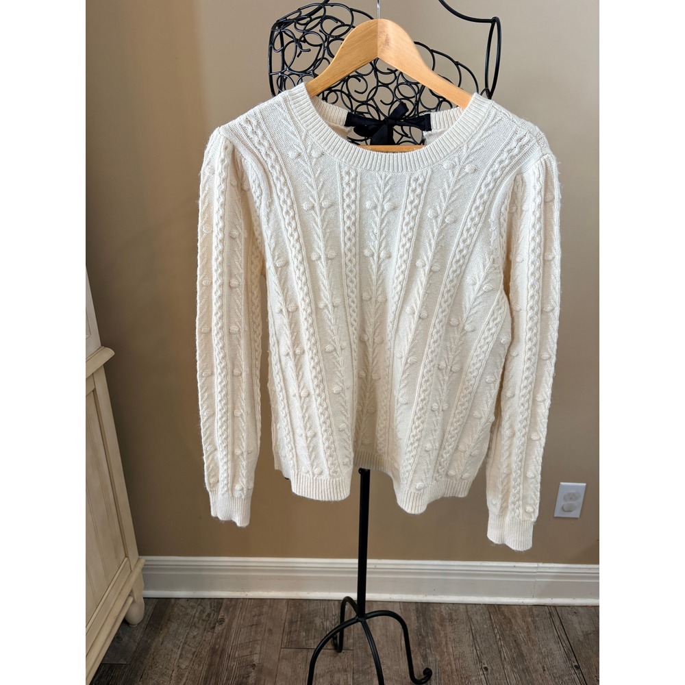 NWT LOFT Feminine Cream Floral Knit Bobble Sweater Bow Detail Ivory Size M